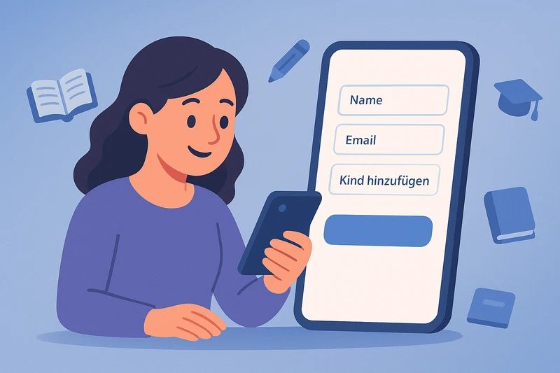 Elternteil registriert sich mit Smartphone - Anmeldeformular mit Name, Email und Kind hinzufügen