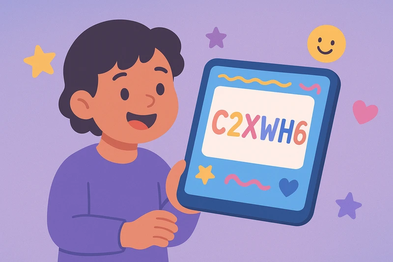 Kind mit Login-Code C2XWH6 auf Tablet - bunte, kinderfreundliche Anzeige