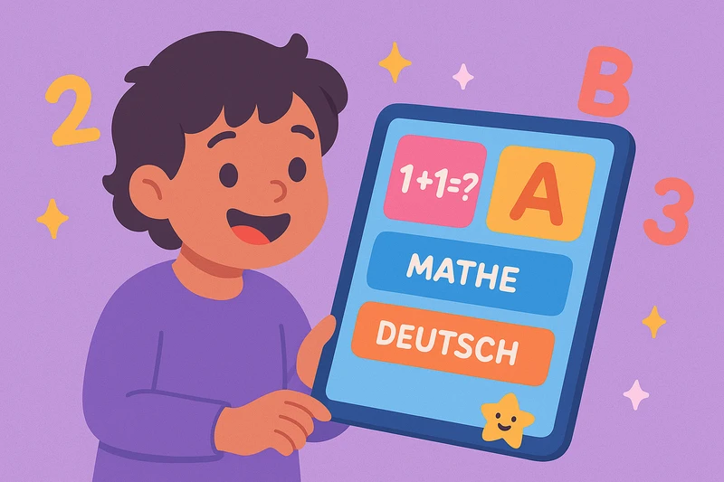 Kind lernt spielerisch mit Tablet - Mathe und Deutsch Übungen mit 1+1=? und Buchstaben
