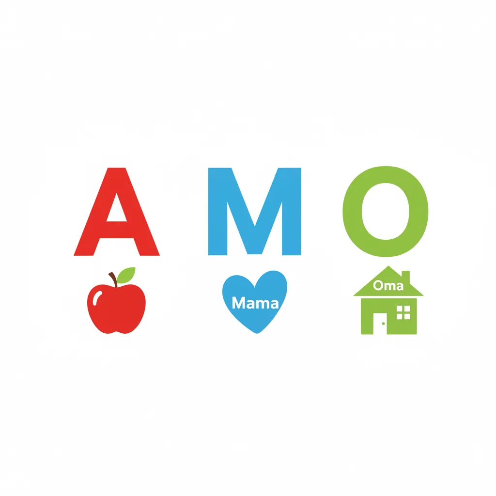 Drei Buchstaben nebeneinander: A in Rot, M in Blau, O in Grün. Unter jedem Buchstaben ist ein kleines Symbol: ein Apfel unter A, ein Herz unter M (für Mama), ein Haus unter O (für Oma). Kindgerechter Illustrationsstil im Cartoon-Stil auf weißem Hintergrund. Nur Buchstaben und einfache Symbole, keine Wörter.