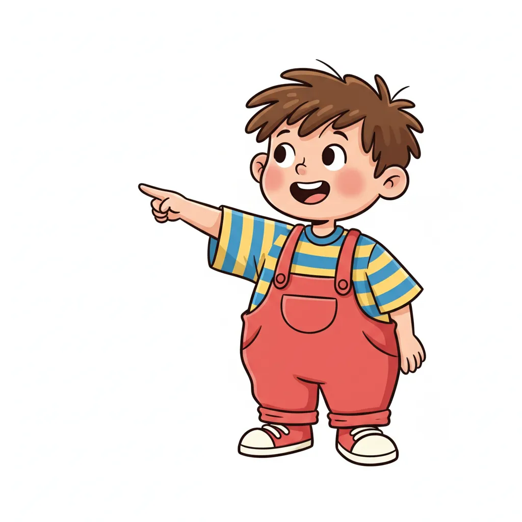 Ein fröhliches Kind zeigt mit dem Finger auf etwas. Kindgerechter Illustrationsstil im Cartoon-Stil auf weißem Hintergrund.