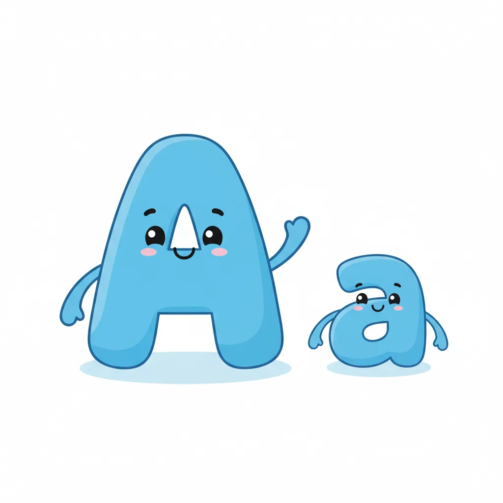 Ein großer blauer Buchstabe A links und ein kleiner blauer Buchstabe a rechts. Beide sehr deutlich und klar. Kindgerechter Illustrationsstil im Cartoon-Stil auf weißem Hintergrund. Die Buchstaben sind freundlich und einladend gestaltet.