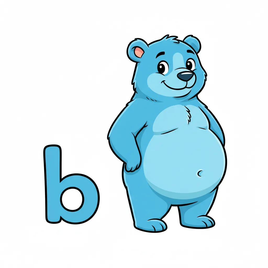 Ein freundlicher blauer Cartoon-Bär mit einem großen runden Bauch. Der Bär steht aufrecht und zeigt stolz seinen dicken Bauch nach rechts. Neben dem Bären steht ein einzelner großer Buchstabe b in blauer Farbe. Kindgerechter Illustrationsstil im Cartoon-Stil auf weißem Hintergrund.