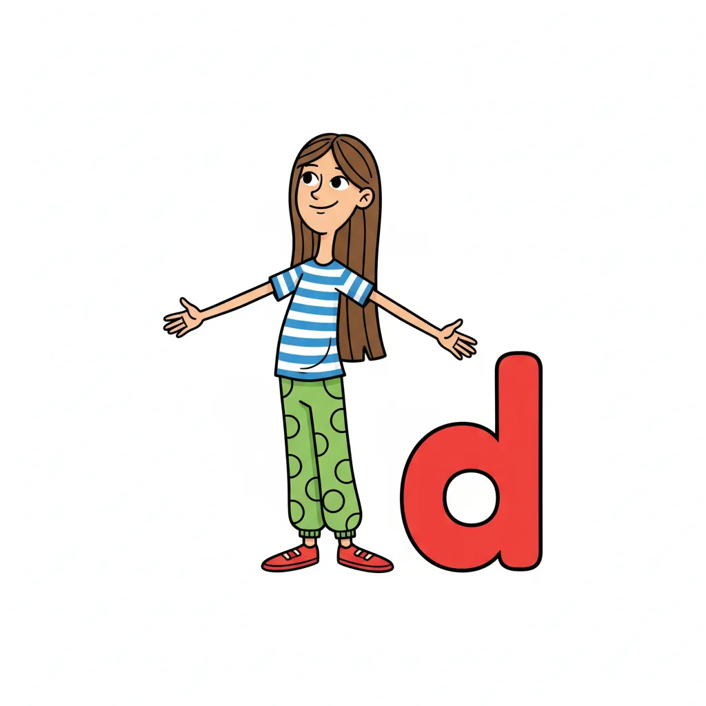 Ein dünnes, freundliches Cartoon-Mädchen mit langem schlankem Körper. Das Mädchen steht aufrecht. Ihr Bauch ist links. Neben dem Mädchen steht ein einzelner großer Buchstabe d in roter Farbe. Kindgerechter Illustrationsstil im Cartoon-Stil auf weißem Hintergrund.