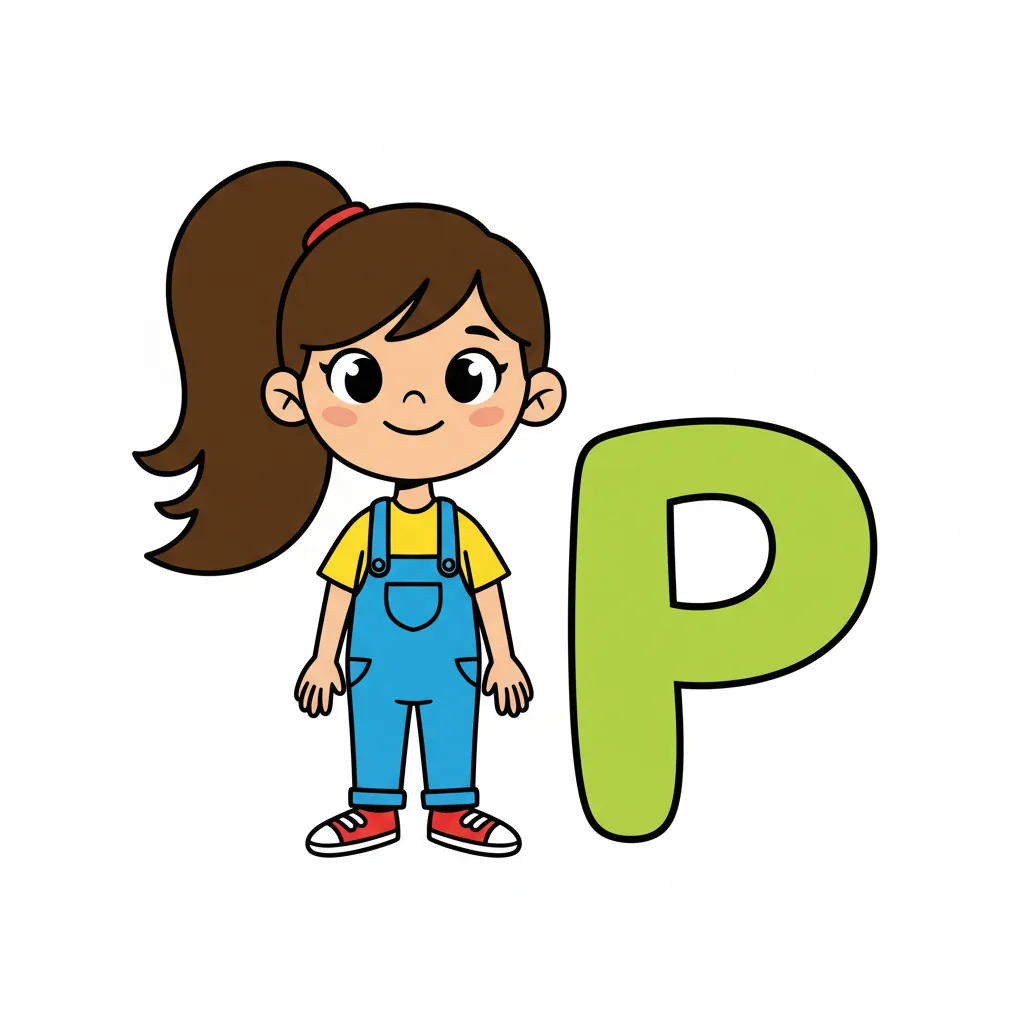 Ein freundliches Cartoon-Mädchen mit einem langen Pferdeschwanz, der nach unten hängt. Der Kopf ist oben, der Pferdeschwanz hängt nach unten. Neben dem Mädchen steht ein einzelner großer Buchstabe p in grüner Farbe. Kindgerechter Illustrationsstil im Cartoon-Stil auf weißem Hintergrund.