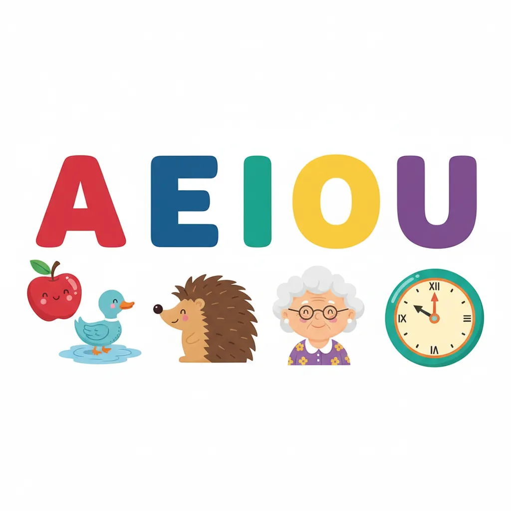 Fünf große, bunte Buchstaben nebeneinander: A (rot), E (blau), I (grün), O (gelb), U (lila). Unter jedem Buchstaben ein kleines Bild: Apfel unter A, Ente unter E, Igel unter I, Oma unter O, Uhr unter U. Kindgerechter Illustrationsstil im Cartoon-Stil auf weißem Hintergrund.