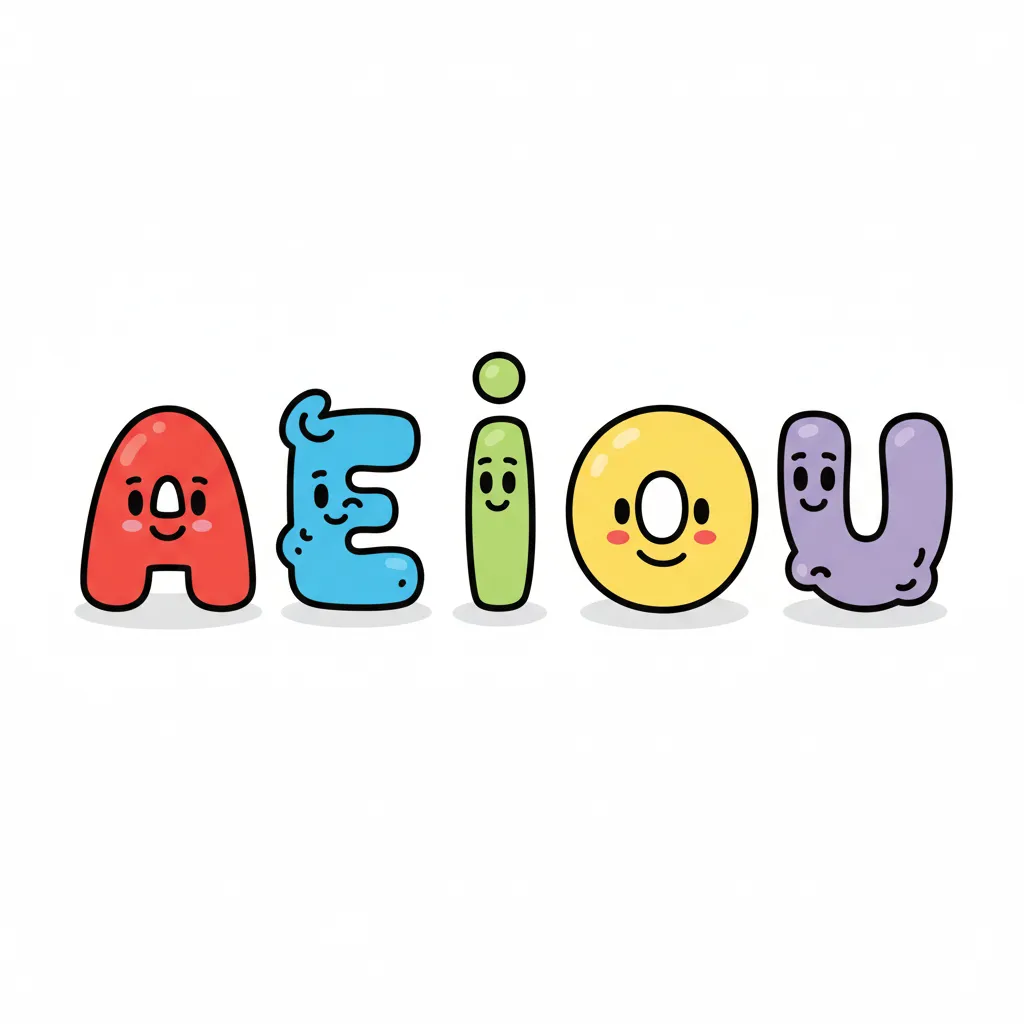 Fünf große, bunte Buchstaben in einer Reihe: A in rot, E in blau, I in grün, O in gelb, U in lila. Kindgerechter Illustrationsstil im Cartoon-Stil auf weißem Hintergrund. Nur einzelne Buchstaben.