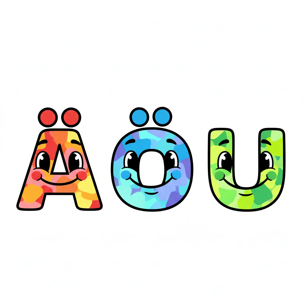 Drei große, freundliche Buchstaben nebeneinander: ein buntes ä in Rot, ein buntes ö in Blau, ein buntes ü in Grün. Jeder Buchstabe hat zwei deutlich sichtbare Punkte oben drauf. Kindgerechter Illustrationsstil im Cartoon-Stil auf weißem Hintergrund. Die Buchstaben sehen fröhlich aus.