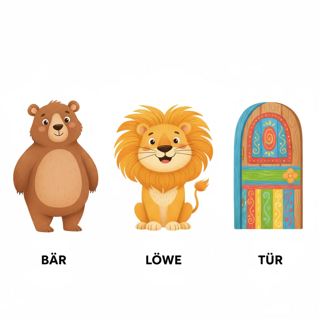 Drei Bilder nebeneinander: Links ein großer, freundlicher brauner Bär. In der Mitte ein freundlicher Löwe mit goldener Mähne. Rechts eine bunte Holztür. Alle sehen nett und freundlich aus. Kindgerechter Illustrationsstil im Cartoon-Stil auf weißem Hintergrund.