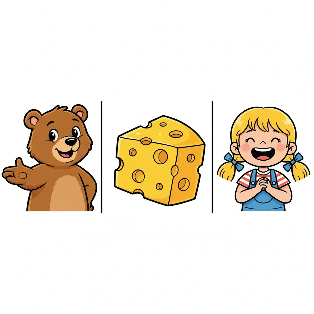 Drei Bilder nebeneinander: Links ein freundlicher brauner Bär. In der Mitte ein gelbes Stück Käse mit Löchern. Rechts ein lächelndes Mädchen mit Zöpfen. Kindgerechter Illustrationsstil im Cartoon-Stil auf weißem Hintergrund.