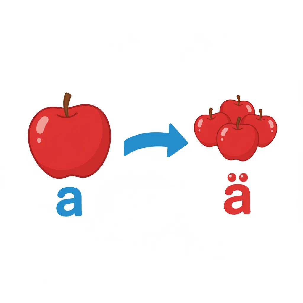 Links ein einzelner großer roter Apfel mit dem Buchstaben a darunter in Blau. Rechts drei kleine rote Äpfel mit dem Buchstaben ä darunter in Rot, wobei die zwei Punkte über dem a deutlich sichtbar sind. Ein großer Pfeil zeigt von links nach rechts. Kindgerechter Illustrationsstil im Cartoon-Stil auf weißem Hintergrund.