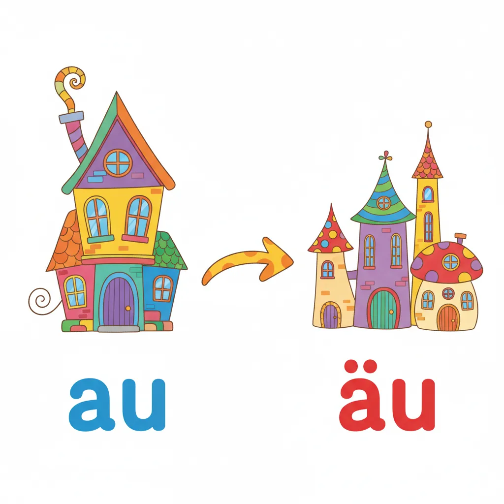 Links ein einzelnes großes buntes Haus mit den Buchstaben au darunter in Blau. Rechts drei kleine bunte Häuser mit den Buchstaben äu darunter in Rot, wobei die zwei Punkte über dem a deutlich sichtbar sind. Ein großer Pfeil zeigt von links nach rechts. Kindgerechter Illustrationsstil im Cartoon-Stil auf weißem Hintergrund.