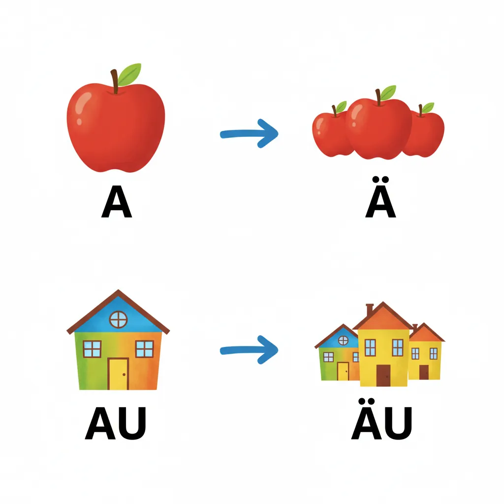 Oben: Links ein einzelner roter Apfel mit dem Buchstaben a darunter, rechts drei kleine rote Äpfel mit dem Buchstaben ä darunter. Unten: Links ein einzelnes buntes Haus mit den Buchstaben au darunter, rechts drei kleine bunte Häuser mit den Buchstaben äu darunter. Pfeile zeigen von links nach rechts. Die Punkte über dem a sind deutlich sichtbar. Kindgerechter Illustrationsstil im Cartoon-Stil auf weißem Hintergrund.