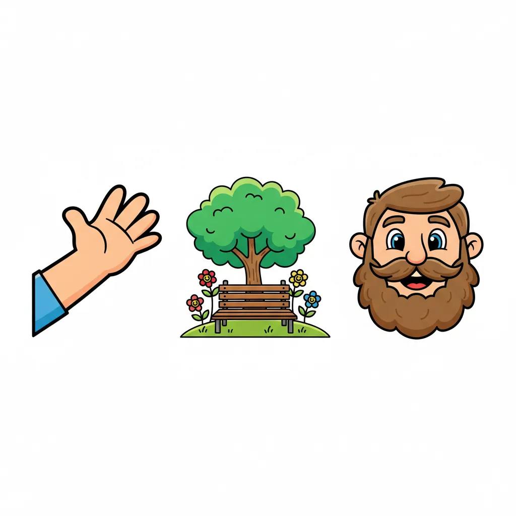 Drei einfache Bilder nebeneinander: Links ein menschlicher Arm, in der Mitte ein Park mit Baum und Bank, rechts ein Gesicht mit Bart. Kindgerechter Illustrationsstil im Cartoon-Stil auf weißem Hintergrund. Klare, bunte Farben.