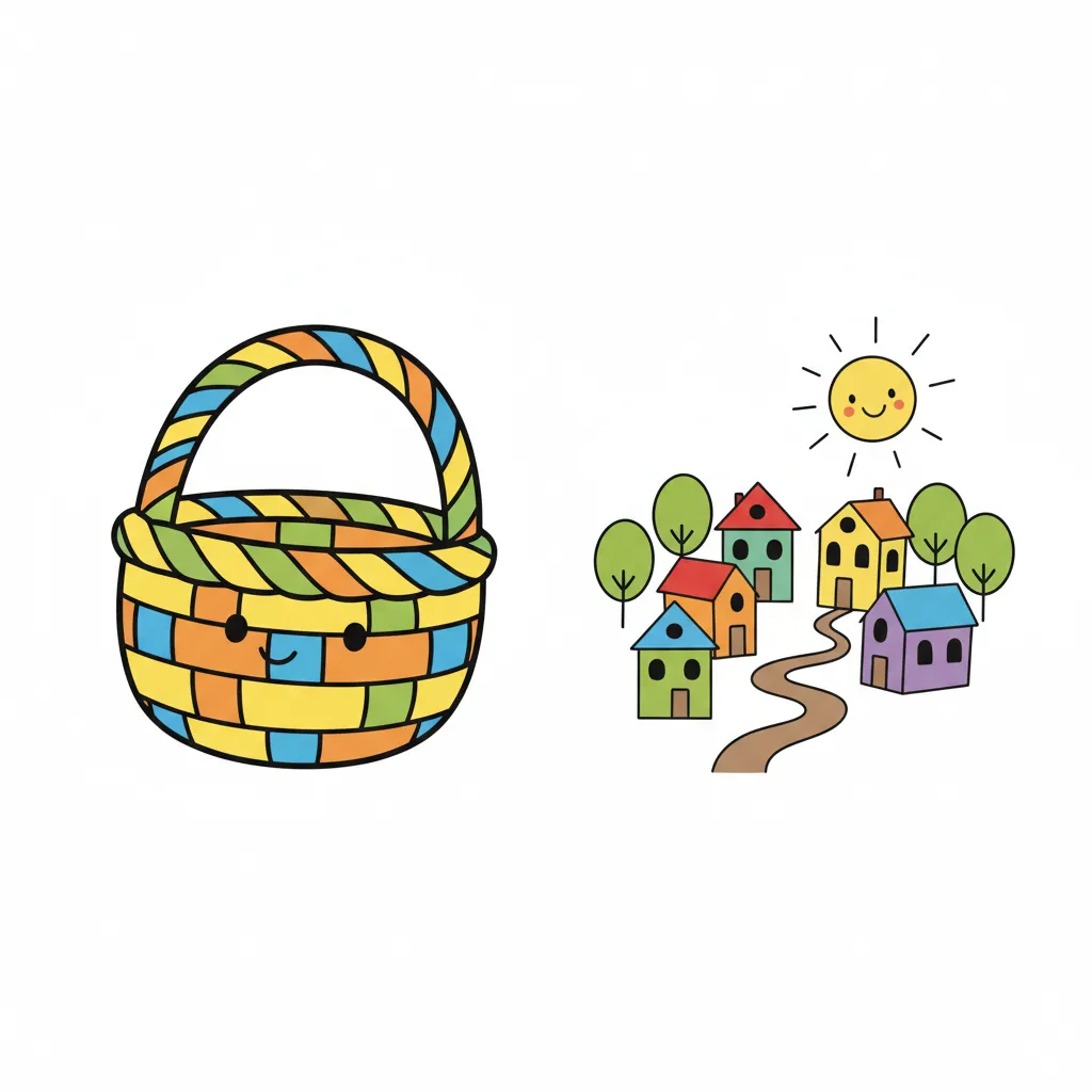 Zwei einfache Bilder nebeneinander: Links ein geflochtener Korb, rechts ein kleines Dorf mit Häusern. Kindgerechter Illustrationsstil im Cartoon-Stil auf weißem Hintergrund. Klare, bunte Farben.
