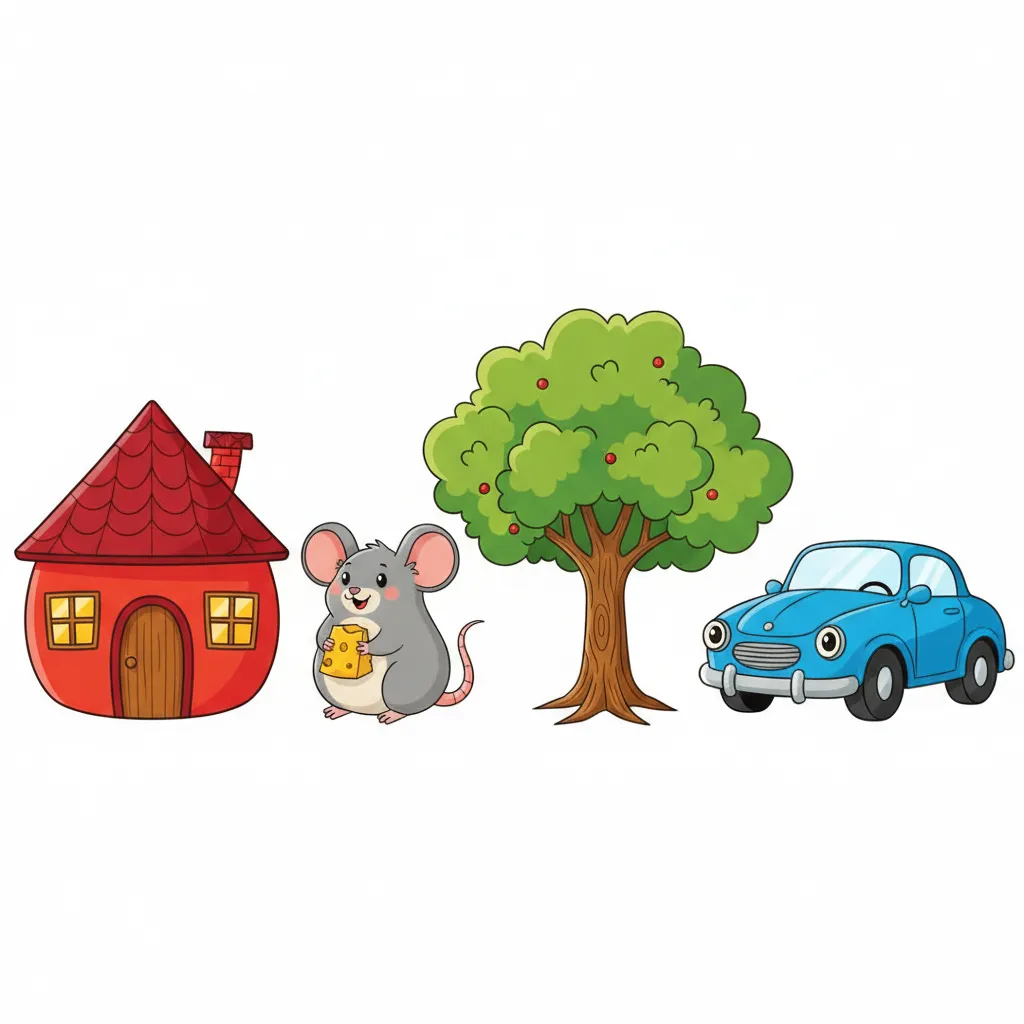 Vier große, bunte Bilder in einer Reihe: Ein rotes Haus mit Dach und Tür, eine graue Maus, ein grüner Baum mit Blättern, und ein blaues Auto. Keine Wörter oder Buchstaben im Bild. Kindgerechter Illustrationsstil im Cartoon-Stil auf weißem Hintergrund.