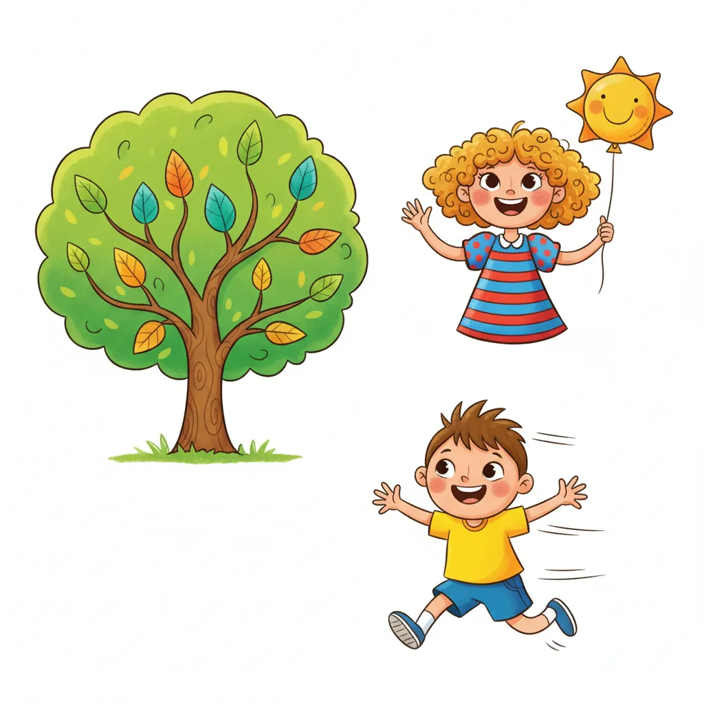 Drei große, bunte Bilder: Ein grüner Baum, eine freundliche Frau, und ein Kind das läuft. Keine Wörter oder Buchstaben im Bild. Kindgerechter Illustrationsstil im Cartoon-Stil auf weißem Hintergrund.