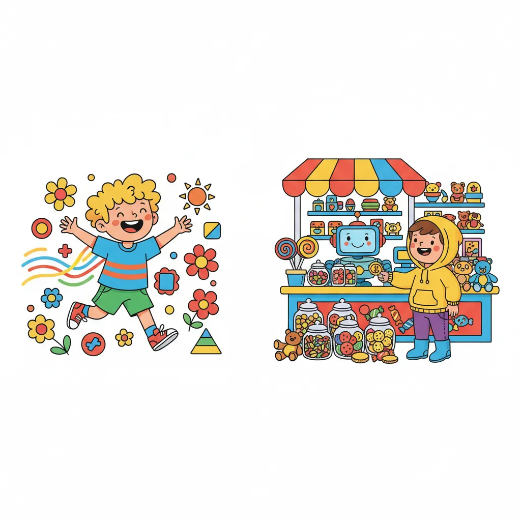 Zwei große, bunte Bilder: Ein fröhliches Kind das läuft, und ein Kind das im Laden etwas kauft. Keine Wörter oder Buchstaben im Bild. Kindgerechter Illustrationsstil im Cartoon-Stil auf weißem Hintergrund.