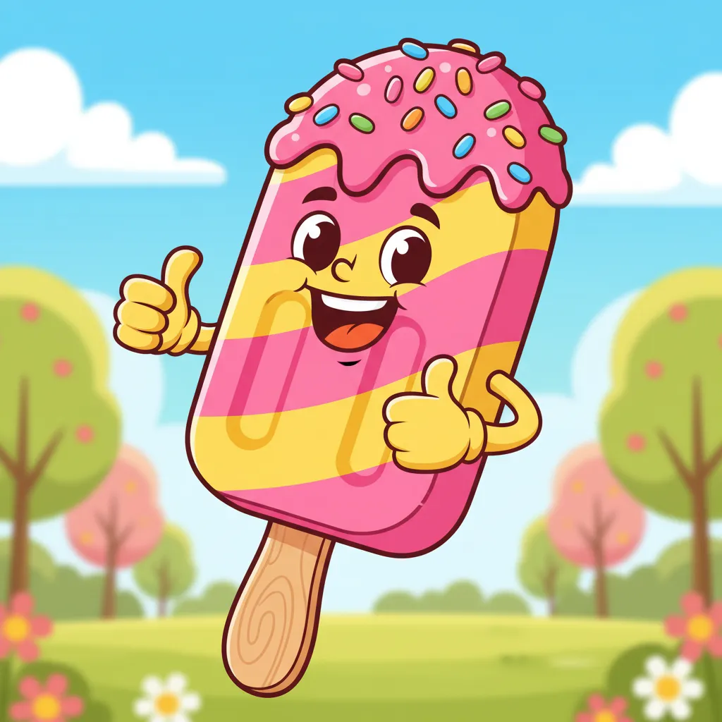 Ein buntes Eis am Stiel in den Farben rosa und gelb. Das Eis sieht lecker und fröhlich aus. Heller, sonniger Hintergrund. Kindgerechter Illustrationsstil im Cartoon-Stil.