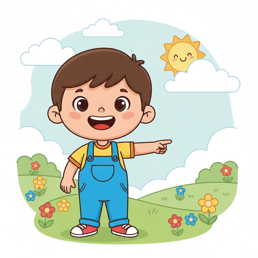 Ein fröhliches Kind im Cartoon-Stil steht und zeigt mit der Hand auf sein Bein. Das Kind lächelt. Heller, freundlicher Hintergrund. Kindgerechter Illustrationsstil im Cartoon-Stil.