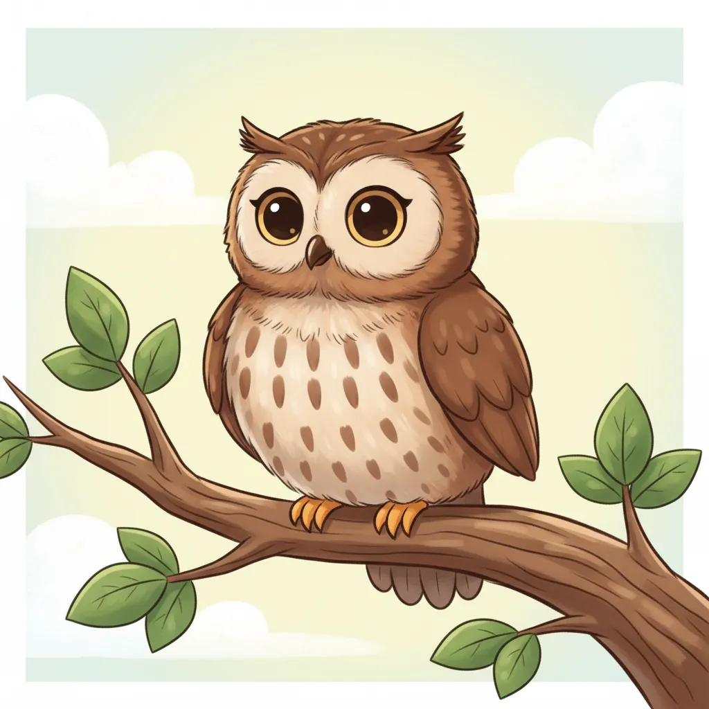 Eine große, freundliche Eule sitzt auf einem Ast. Die Eule hat große runde Augen und braune Federn. Kindgerechter Illustrationsstil im Cartoon-Stil auf hellem Hintergrund.