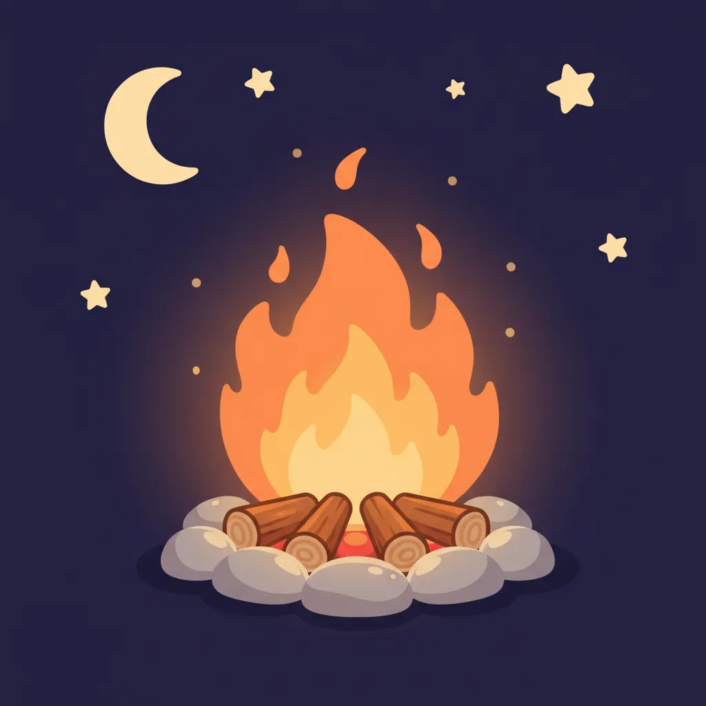 Ein gemütliches Lagerfeuer mit orangenen und gelben Flammen. Das Feuer brennt hell und warm. Kindgerechter Illustrationsstil im Cartoon-Stil auf dunklem Hintergrund.