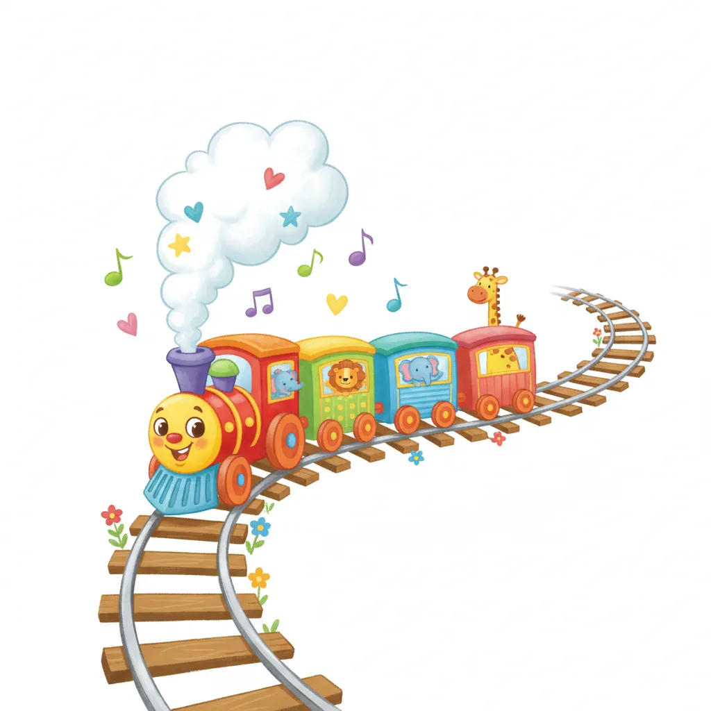 Ein bunter, fröhlicher Zug fährt auf Schienen. Aus dem Schornstein kommt Dampf. Kindgerechter Illustrationsstil im Cartoon-Stil auf weißem Hintergrund.