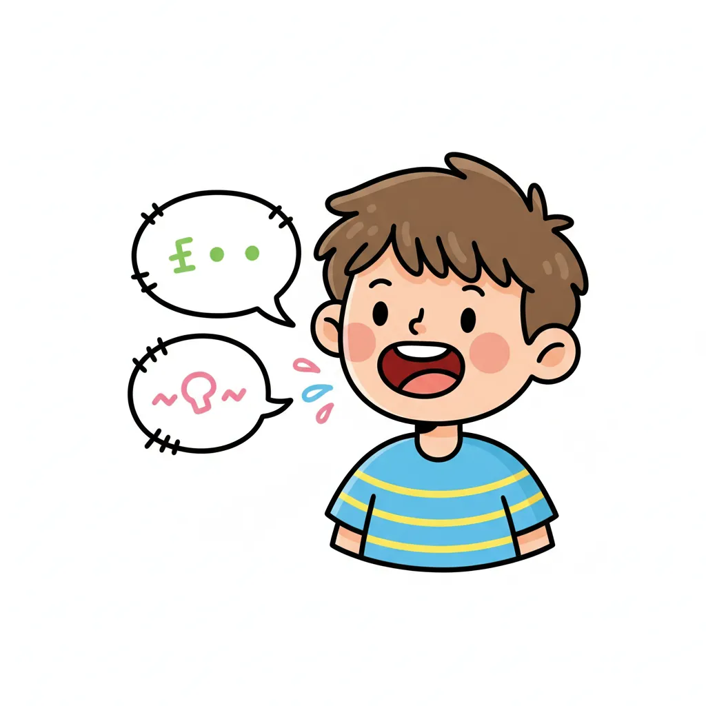 Ein fröhliches Kind mit offenem Mund, das gerade spricht. Das Kind lächelt. Kindgerechter Illustrationsstil im Cartoon-Stil auf weißem Hintergrund.