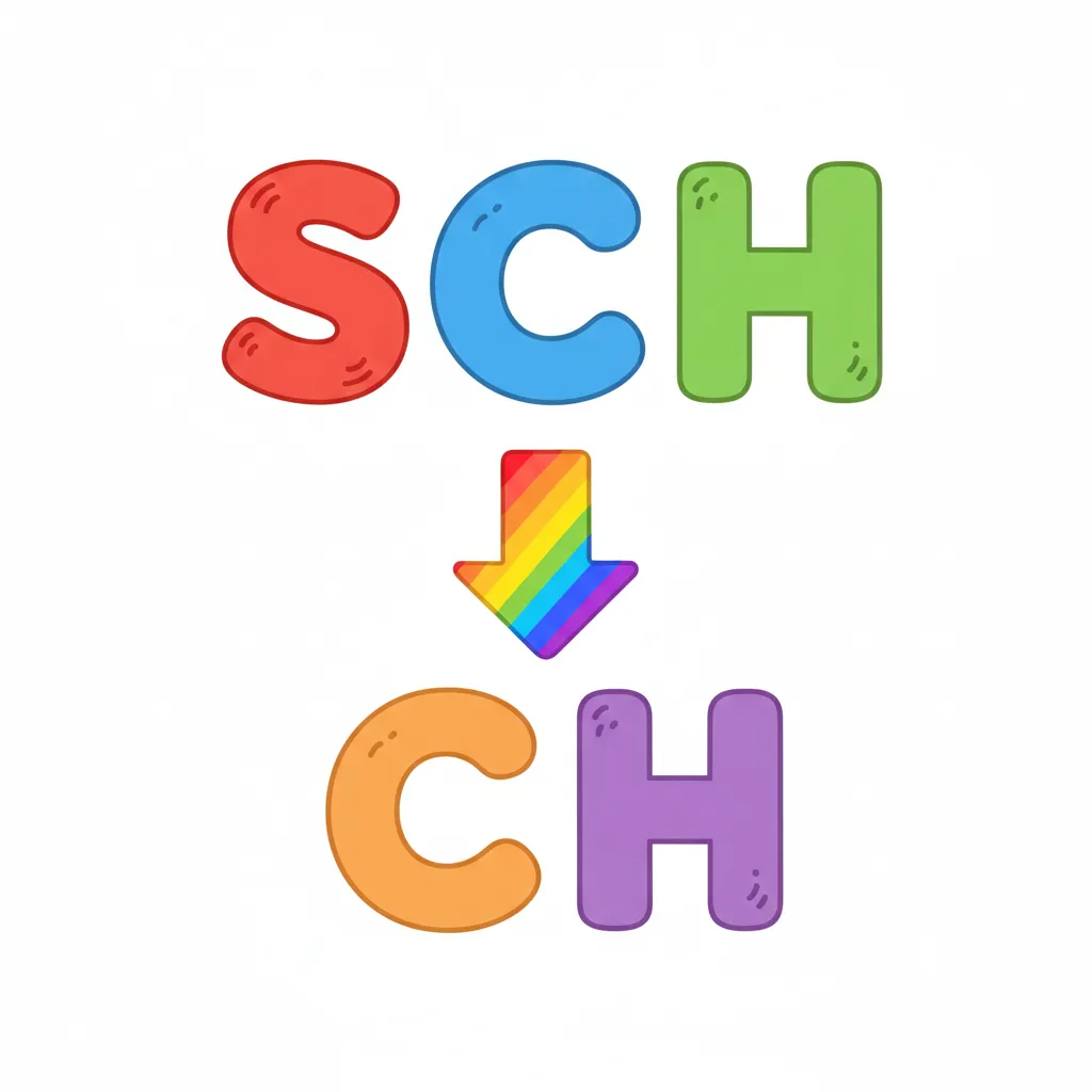 Oben: Die drei großen Buchstaben S, C und H stehen nebeneinander in bunten Farben (rot, blau, grün). Darunter ein Pfeil nach unten. Unten: Die zwei großen Buchstaben C und H stehen nebeneinander in bunten Farben (orange und lila). Alle Buchstaben sind groß und deutlich. Kindgerechter Illustrationsstil im Cartoon-Stil auf weißem Hintergrund.