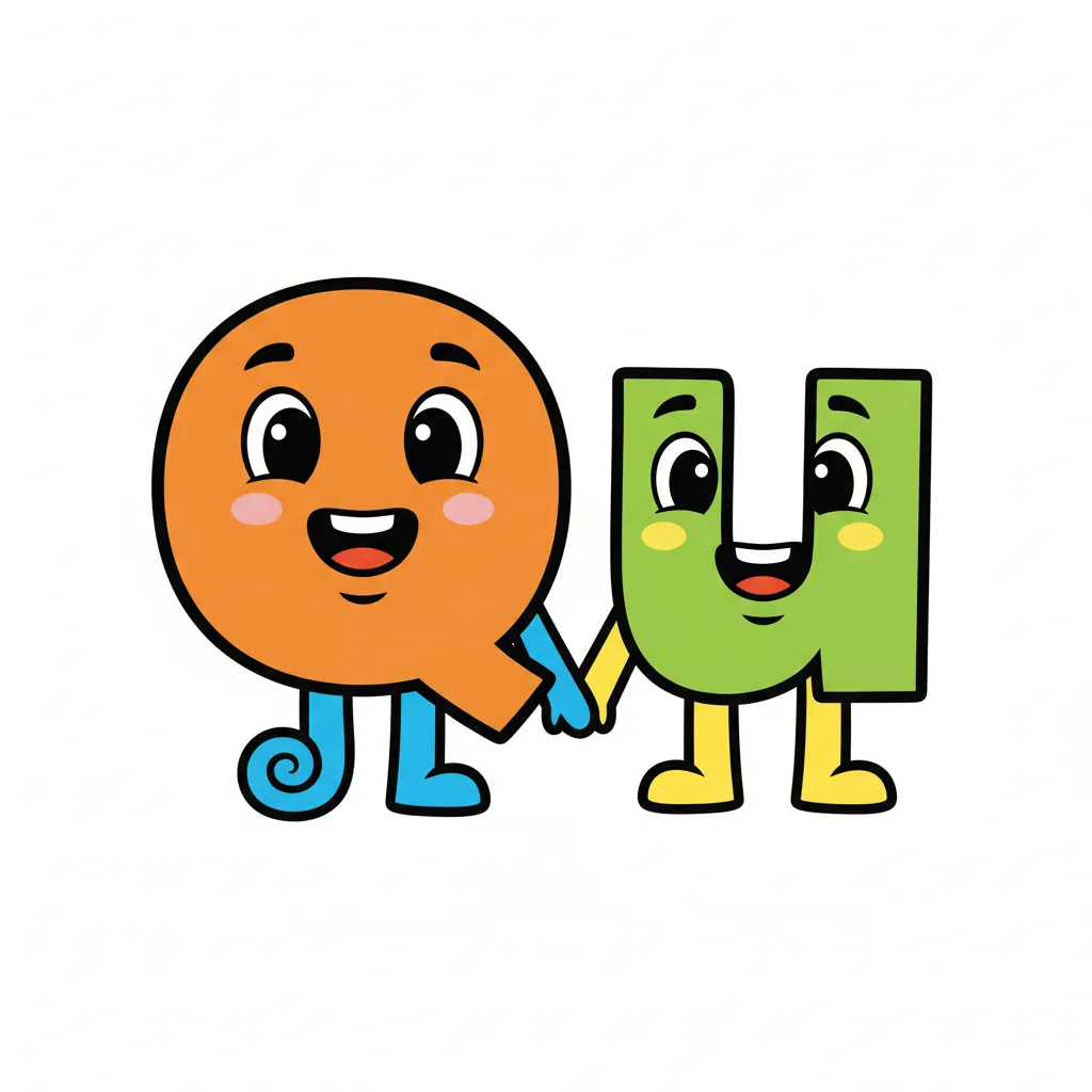 Zwei große, bunte Buchstaben Q und u stehen nebeneinander und halten sich an den Händen wie beste Freunde. Beide Buchstaben haben ein fröhliches Gesicht. Kindgerechter Illustrationsstil im Cartoon-Stil auf weißem Hintergrund.