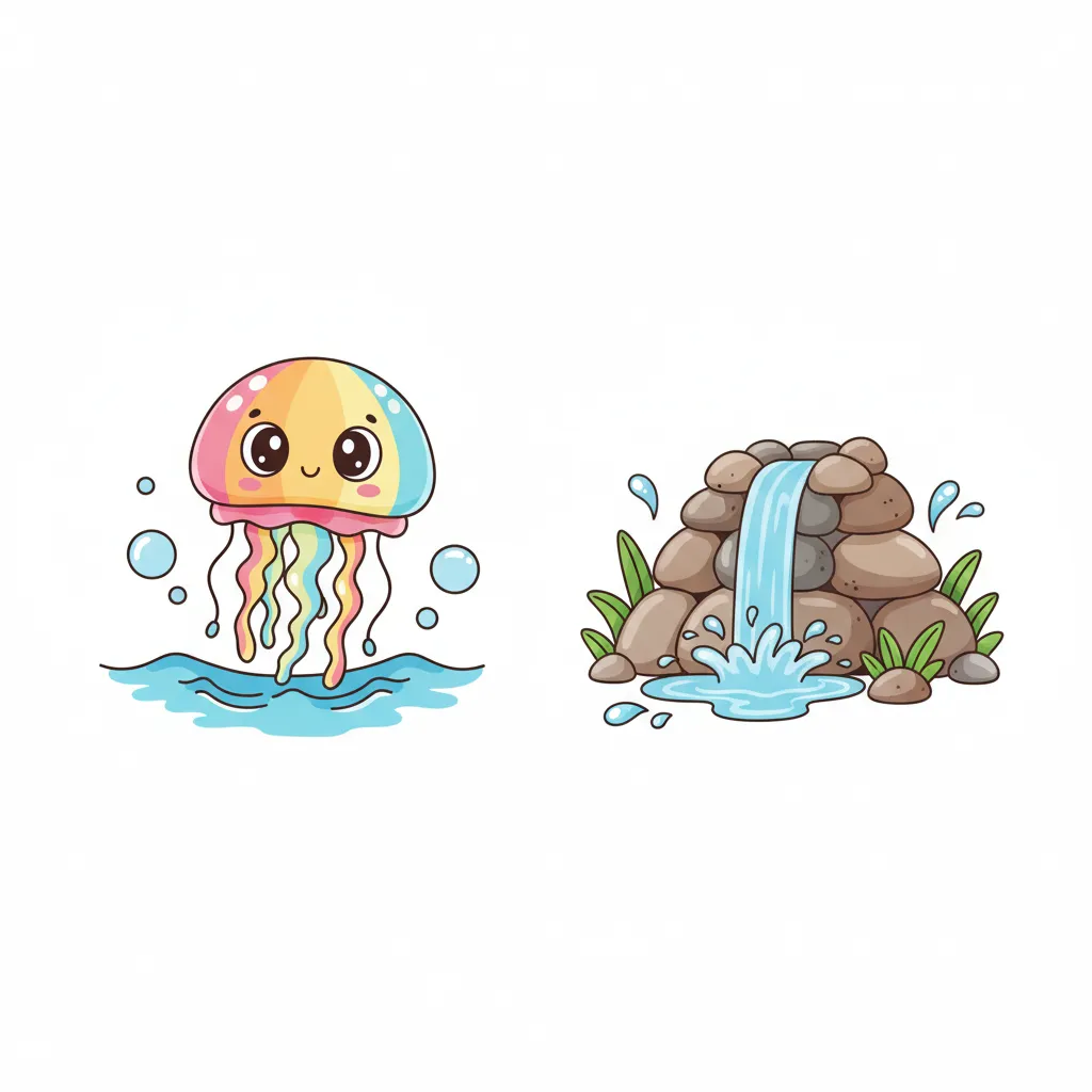Zwei einfache, bunte Bilder nebeneinander: Links eine freundliche, lächelnde Qualle im Wasser mit großen Augen. Rechts eine kleine Wasserquelle, aus der klares Wasser fließt. Kindgerechter Illustrationsstil im Cartoon-Stil auf weißem Hintergrund.