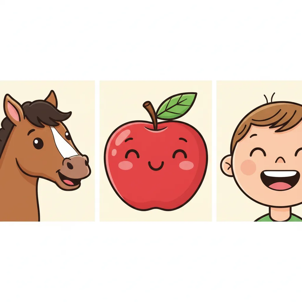 Drei große, freundliche Bilder nebeneinander: Ein braunes Pferd mit schwarzer Mähne, ein roter Apfel mit grünem Blatt, und ein lachendes Kindergesicht mit Fokus auf dem Kopf. Kindgerechter Illustrationsstil im Cartoon-Stil. Heller, freundlicher Hintergrund. Einfache, klare Darstellung.