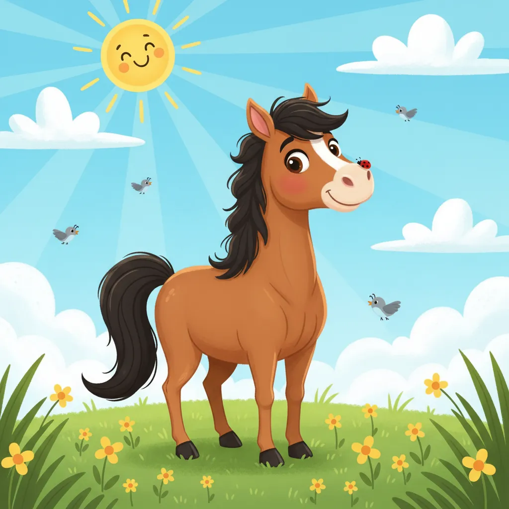 Ein großes, braunes Pferd mit schwarzer Mähne und freundlichen Augen. Das Pferd steht auf einer grünen Wiese. Kindgerechter Illustrationsstil im Cartoon-Stil. Heller, sonniger Hintergrund. Sehr freundliche und einladende Darstellung.
