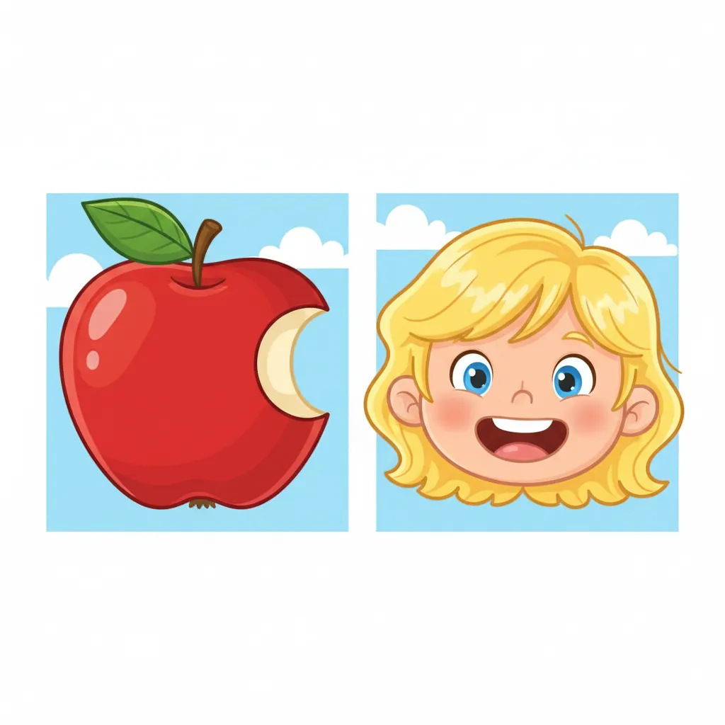 Zwei Bilder nebeneinander: Links ein großer, roter Apfel mit grünem Blatt und einem Biss. Rechts ein lachendes Kind mit Fokus auf dem Kopf, blonde Haare. Kindgerechter Illustrationsstil im Cartoon-Stil. Heller, freundlicher Hintergrund.