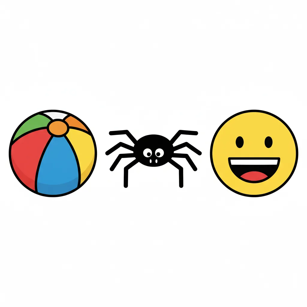 Drei große, klare Bilder nebeneinander: Links ein bunter Ball (Spielzeug), in der Mitte eine schwarze Spinne mit acht Beinen, rechts ein lachendes gelbes Gesicht (Smiley). Sehr einfache, klare Formen. Kindgerechter Illustrationsstil im Cartoon-Stil auf weißem Hintergrund. Keine Texte oder Beschriftungen.