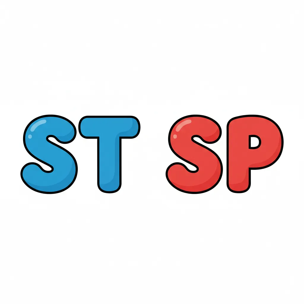 Zwei große Buchstabenkombinationen nebeneinander: Links die Buchstaben S und T in Blau, rechts die Buchstaben S und P in Rot. Große, klare Druckbuchstaben. Kindgerechter Illustrationsstil im Cartoon-Stil auf weißem Hintergrund.