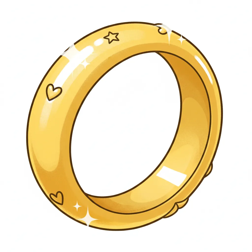 Ein schöner, goldener Ring in der Mitte des Bildes. Der Ring glänzt und ist groß dargestellt. Kindgerechter Illustrationsstil im Cartoon-Stil auf weißem Hintergrund.