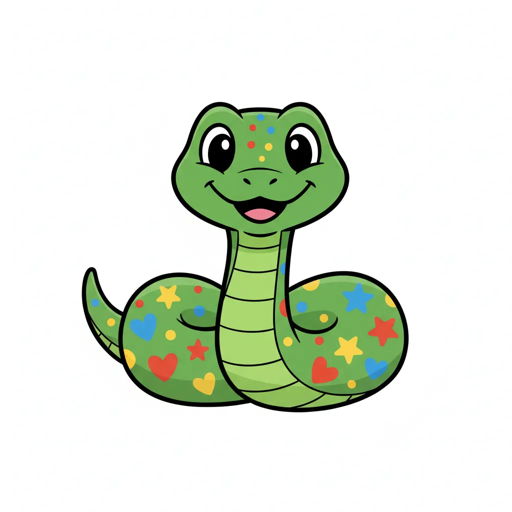 Eine freundliche, bunte Schlange, die lächelt. Die Schlange ist grün mit bunten Mustern. Kindgerechter Illustrationsstil im Cartoon-Stil auf weißem Hintergrund.