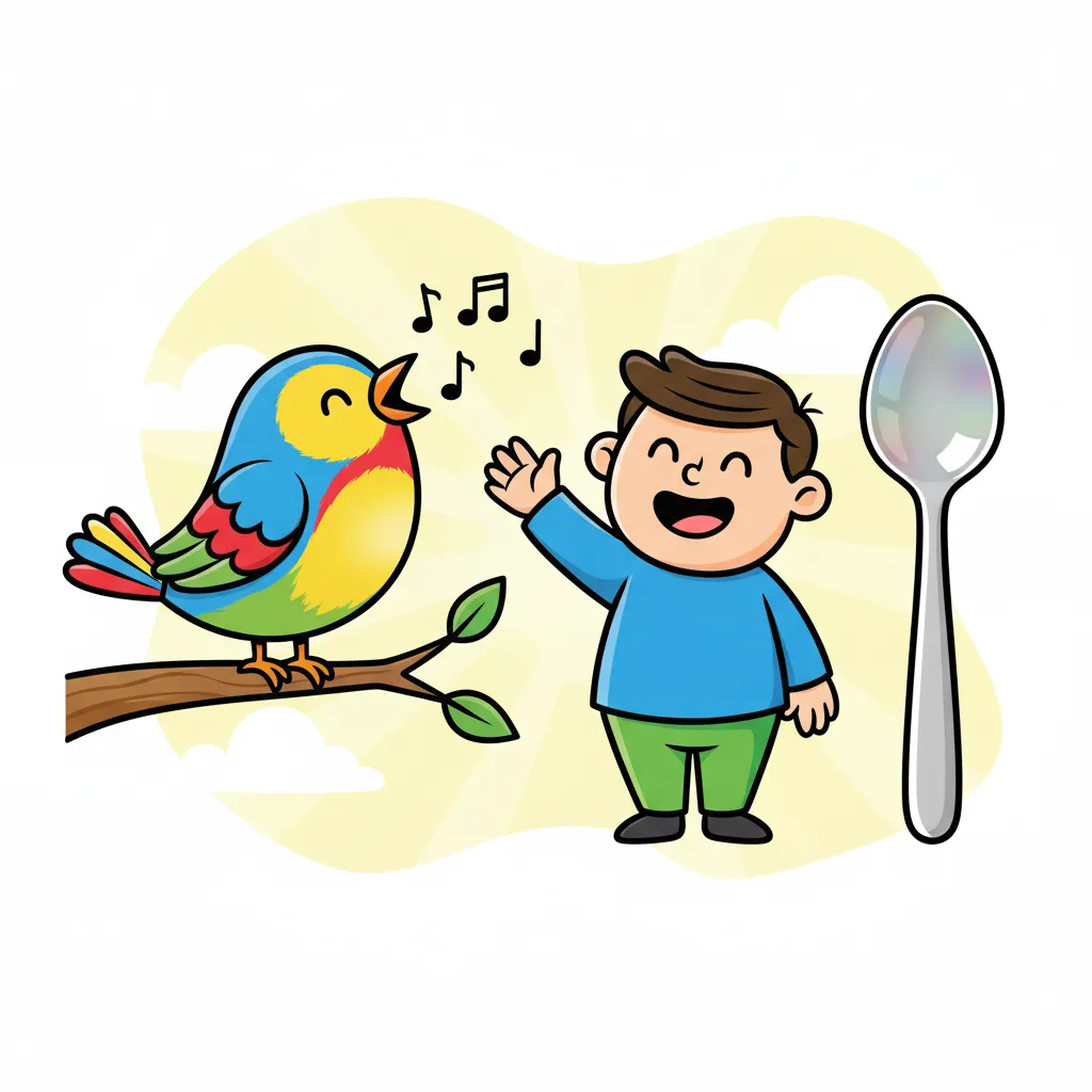 Drei einfache Objekte nebeneinander: Ein bunter Vogel sitzt auf einem Ast und singt, ein freundlicher Mann winkt mit der Hand, ein silberner Löffel. Fröhliche, bunte Darstellung. Kindgerechter Illustrationsstil im Cartoon-Stil auf hellem Hintergrund.