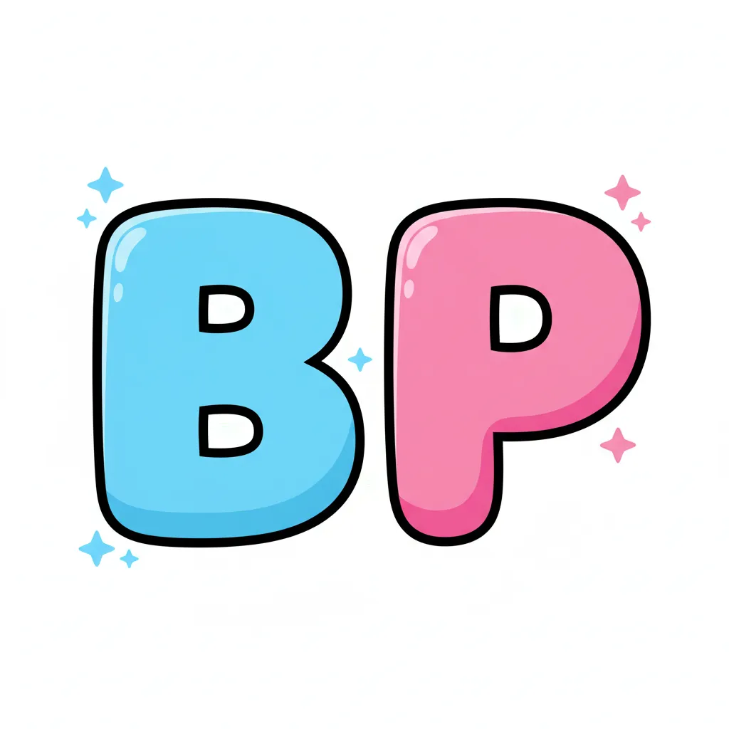 Zwei große, bunte Buchstaben nebeneinander. Links ein großes B in Blau. Rechts ein großes P in Pink. Beide Buchstaben sind klar und deutlich. Kindgerechter Illustrationsstil im Cartoon-Stil auf weißem Hintergrund.