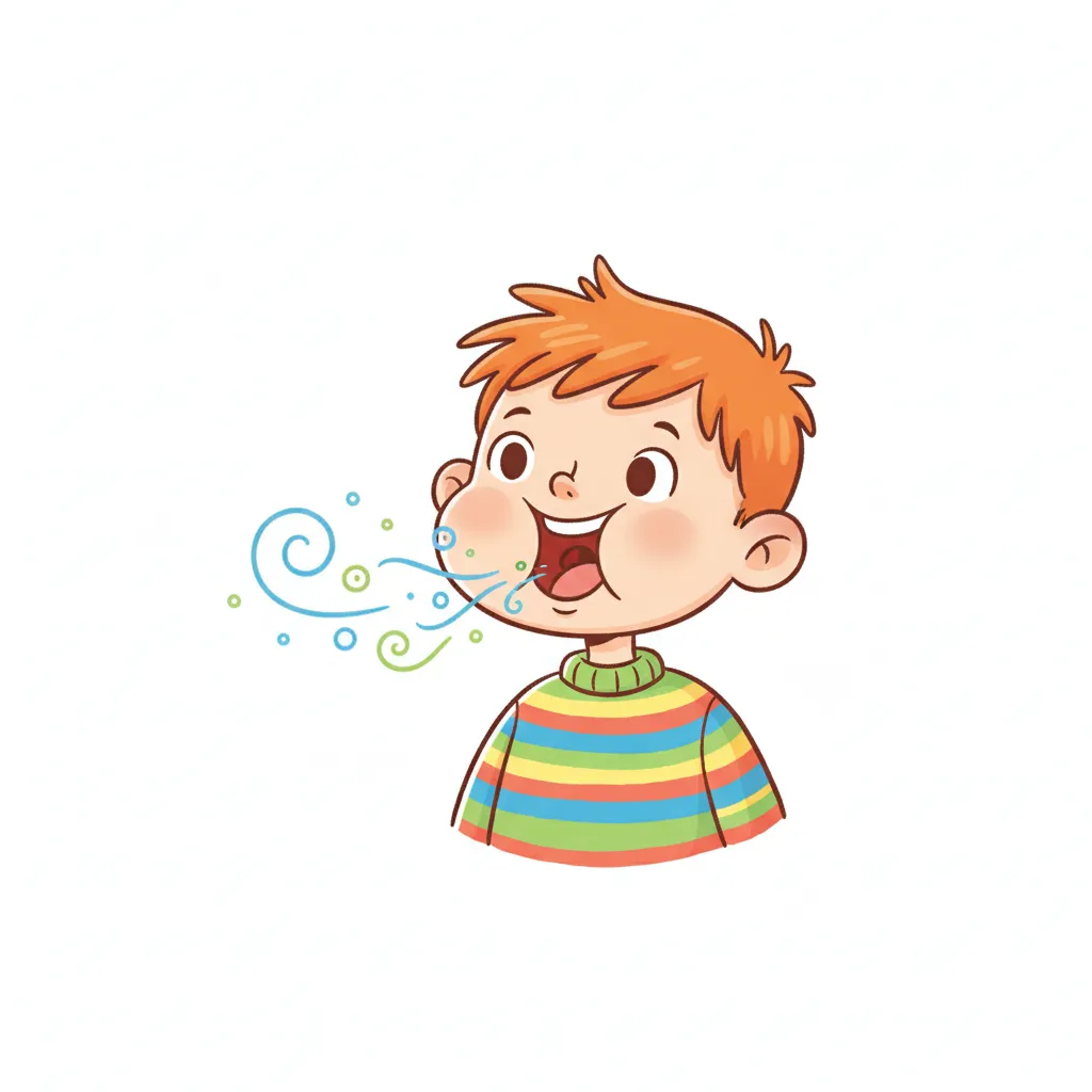 Ein fröhliches Kind mit geöffnetem Mund. Kleine Luft-Symbole (Kreise, Wellenlinien) kommen aus dem Mund. Das Kind pustet leicht. Kindgerechter Illustrationsstil im Cartoon-Stil auf weißem Hintergrund.
