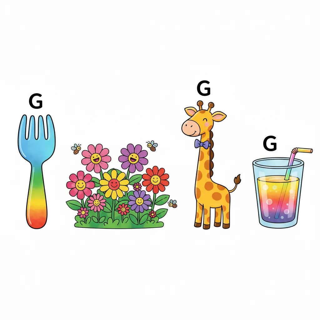 Vier bunte Gegenstände nebeneinander auf weißem Hintergrund: eine Gabel, ein Garten mit Blumen, eine freundliche Giraffe, und ein Glas. Jeder Gegenstand ist groß, klar erkennbar und in leuchtenden Farben. Kindgerechter Illustrationsstil im Cartoon-Stil. Nur der einzelne Buchstabe G steht über jedem Gegenstand.