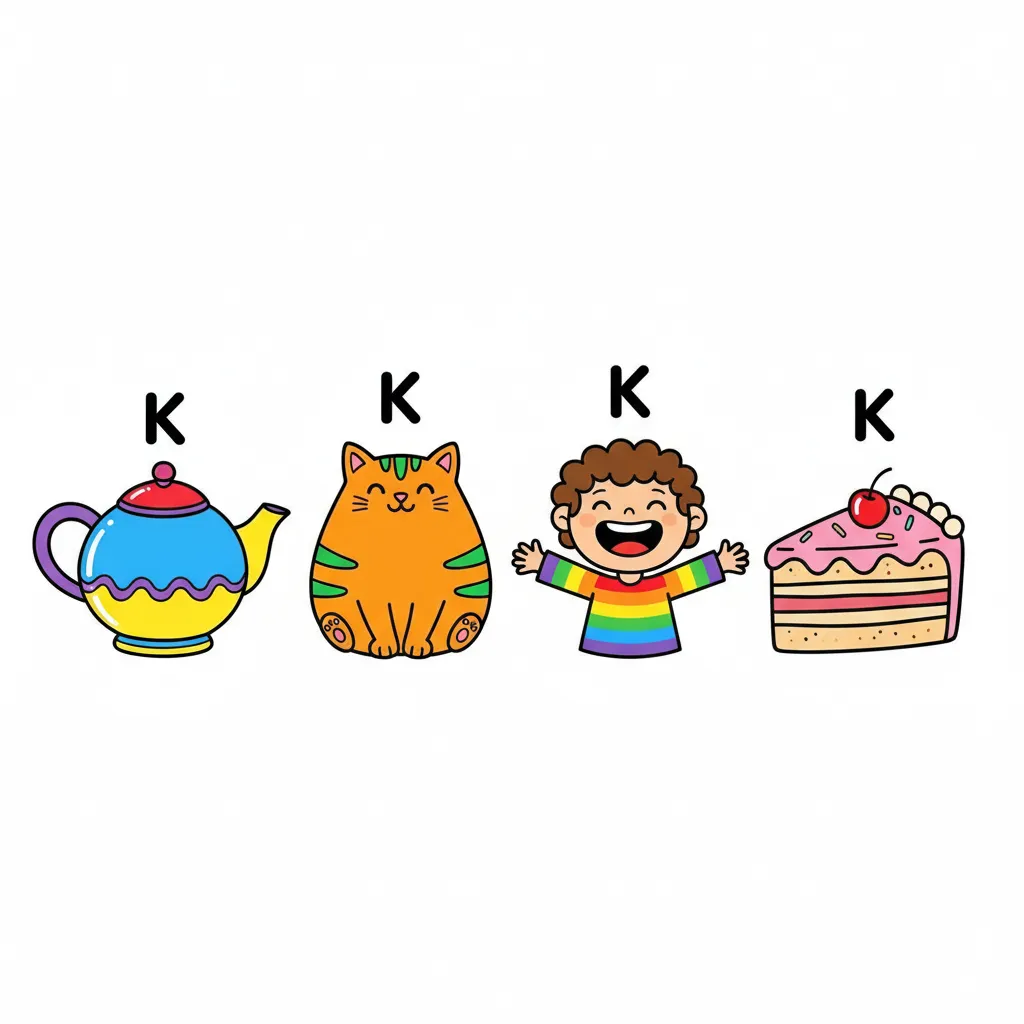 Vier bunte Gegenstände nebeneinander auf weißem Hintergrund: eine Kanne, eine süße Katze, ein lachendes Kind, und ein Stück Kuchen. Jeder Gegenstand ist groß, klar erkennbar und in leuchtenden Farben. Kindgerechter Illustrationsstil im Cartoon-Stil. Nur der einzelne Buchstabe K steht über jedem Gegenstand.