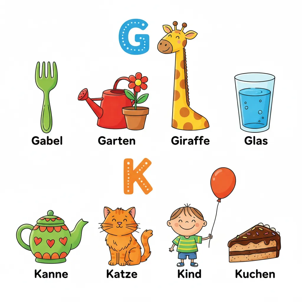 Acht bunte Gegenstände in zwei Reihen auf weißem Hintergrund. Obere Reihe mit dem einzelnen Buchstaben G darüber: Gabel, Garten, Giraffe, Glas. Untere Reihe mit dem einzelnen Buchstaben K darüber: Kanne, Katze, Kind, Kuchen. Alle Gegenstände groß, klar und in leuchtenden Farben. Kindgerechter Illustrationsstil im Cartoon-Stil.