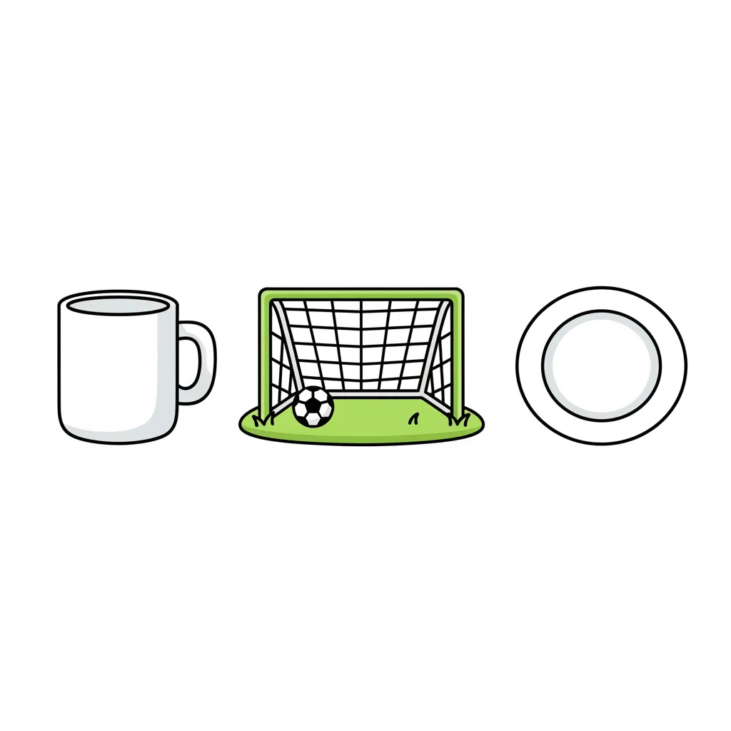 Drei einfache Bilder nebeneinander: eine weiße Tasse mit Henkel, ein grünes Tor auf einem Fußballfeld, und ein weißer Teller. Alle Objekte klar und deutlich gezeichnet. Kindgerechter Illustrationsstil im Cartoon-Stil auf weißem Hintergrund.