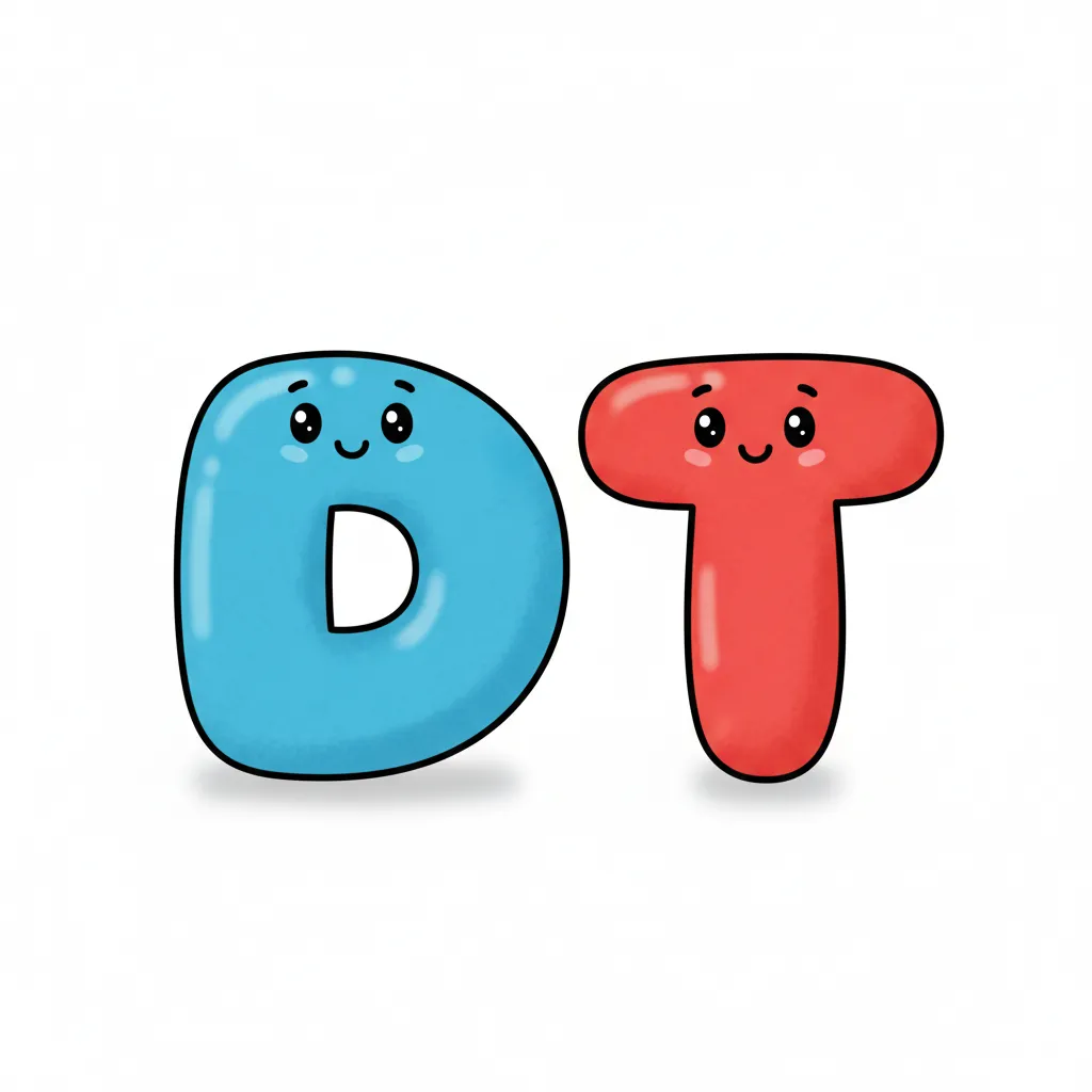Zwei große Buchstaben nebeneinander: Ein blaues D auf der linken Seite und ein rotes T auf der rechten Seite. Beide Buchstaben gleich groß und klar zu sehen. Kindgerechter Illustrationsstil im Cartoon-Stil auf weißem Hintergrund.
