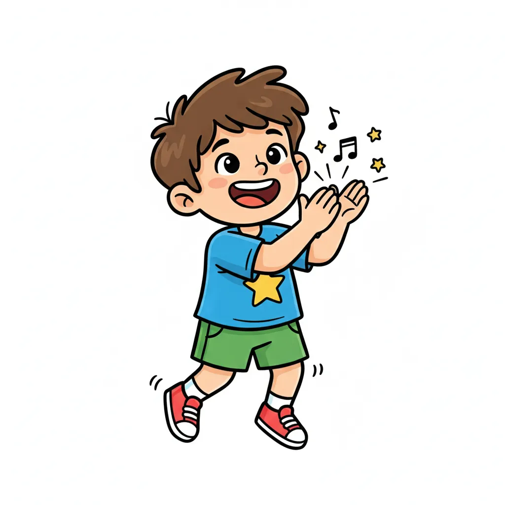 Ein fröhliches Kind mit 6-7 Jahren klatscht begeistert in die Hände. Das Kind lächelt und hat Spaß. Kindgerechter Illustrationsstil im Cartoon-Stil auf weißem Hintergrund.