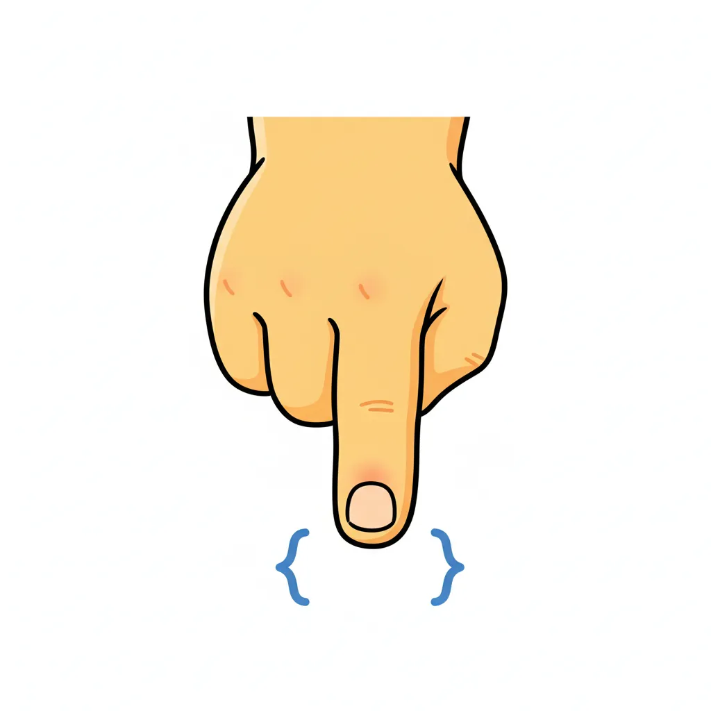 Eine freundliche Kinderhand von der Seite, der Zeigefinger zeigt nach unten. Der Finger steht aufrecht und zeigt die richtige Größe für einen Wortabstand. Kindgerechter Illustrationsstil im Cartoon-Stil auf weißem Hintergrund.