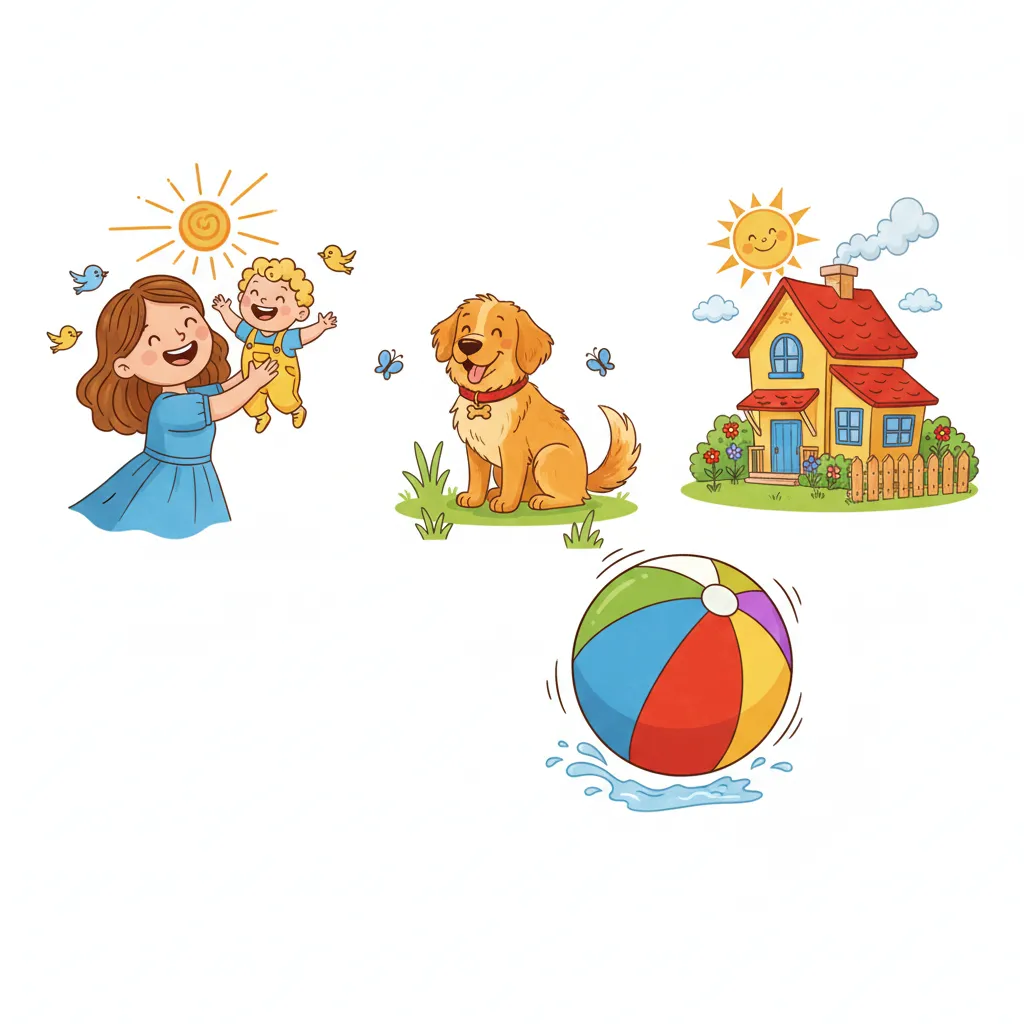 Vier Bilder nebeneinander: Eine Mama (Frau mit Kind), ein Hund, ein Ball und ein Haus. Jedes Bild klar und deutlich mit viel Platz dazwischen. Fröhliche, bunte Farben. Kindgerechter Illustrationsstil im Cartoon-Stil auf weißem Hintergrund.