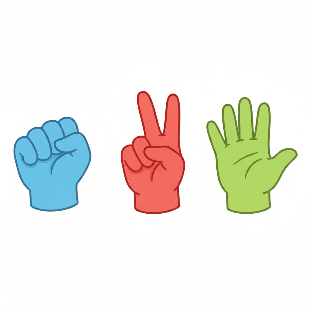 Drei Kinderhände zeigen verschiedene Gesten. Erste Hand: geballte Faust. Zweite Hand: Zeigefinger und Mittelfinger bilden eine Schere. Dritte Hand: flache, offene Hand. Jede Hand in einer anderen hellen Farbe (blau, rot, grün). Kindgerechter Illustrationsstil im Cartoon-Stil auf weißem Hintergrund.